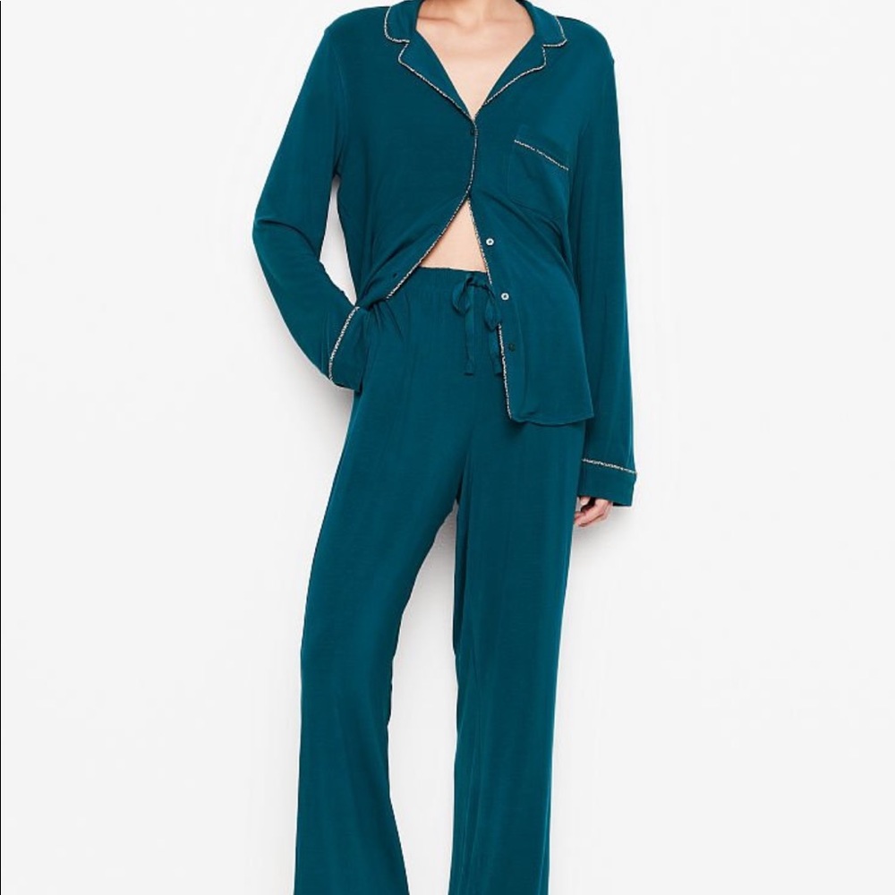 M REGULR Length VICTORIA'S SECRET Modal Long PJ Set Teal Leopard Piping Heavenly